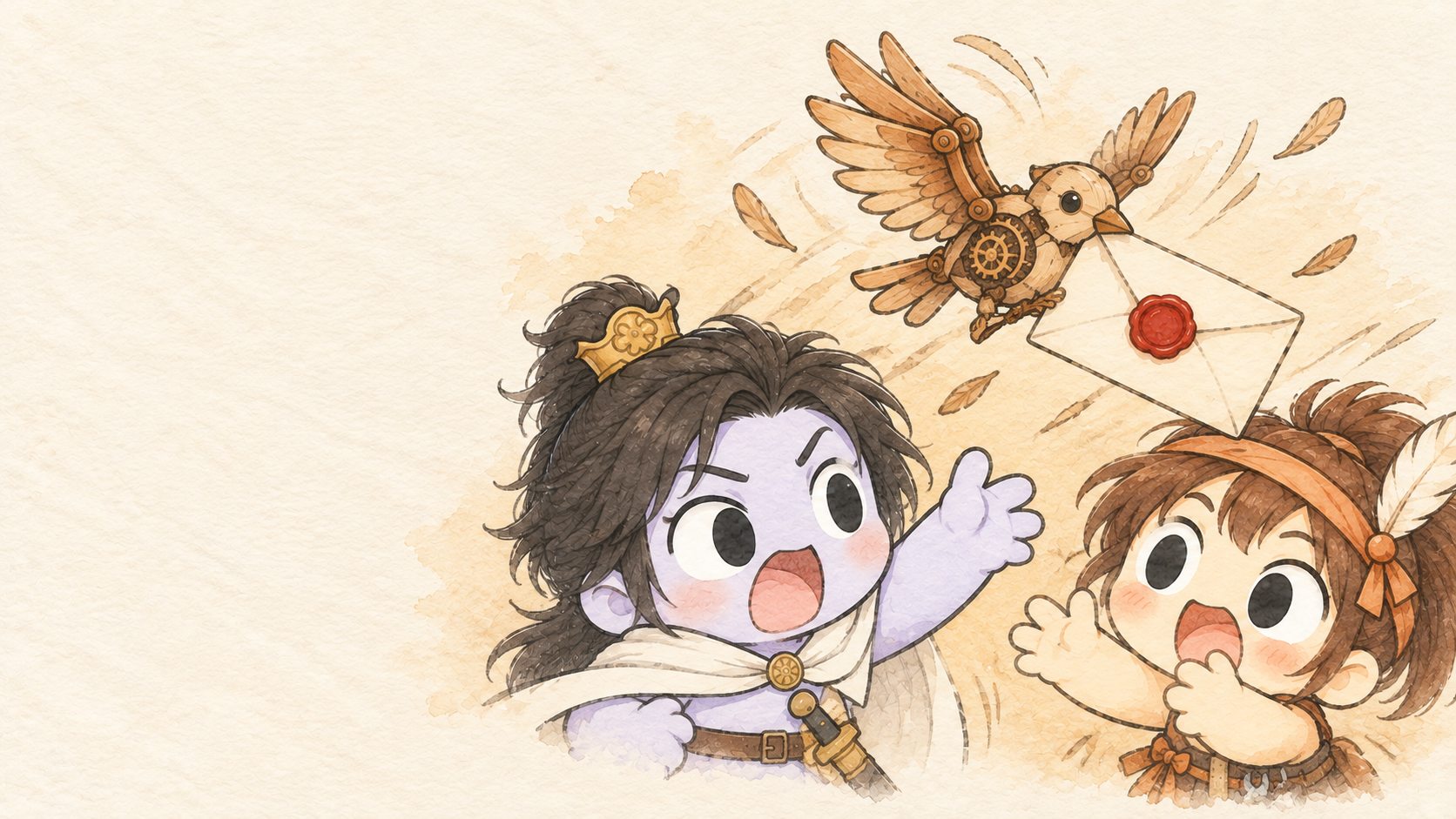 機關鳥叼著封蠟密函飛過，簡易人李世民和信使驚訝地伸手去搶